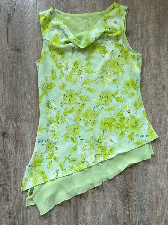 Vintage Tops - Y2K Lime Floral Asymmetric Cowl Neck Sleeveless Top